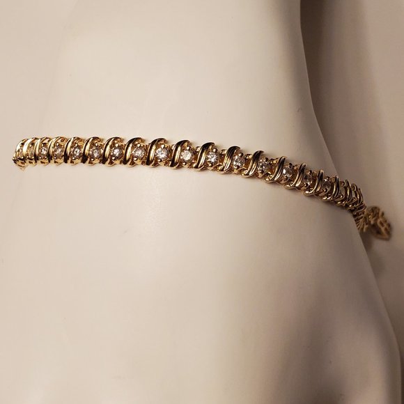Diamond tennis S-link bracelet 14K yellow gold - Picture 4 of 13